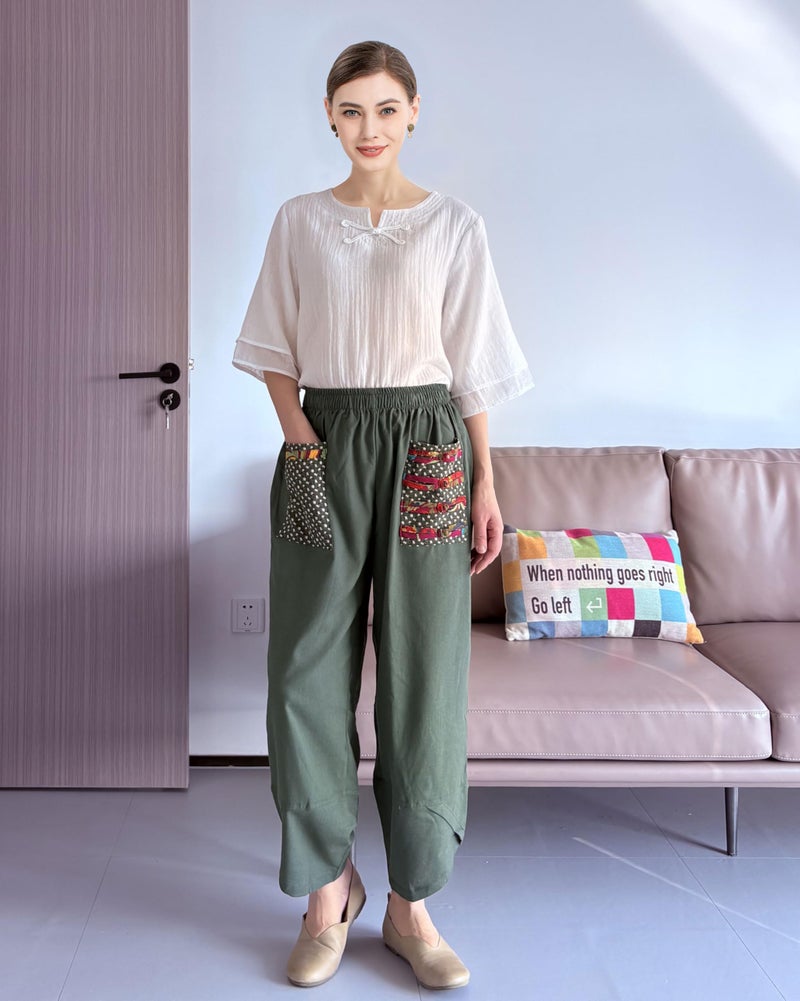Minibee Women's Baggy Linen Wide Leg Trousers Casual Patchwork Elastic Waist Harem Pants Army Green M - Image 5